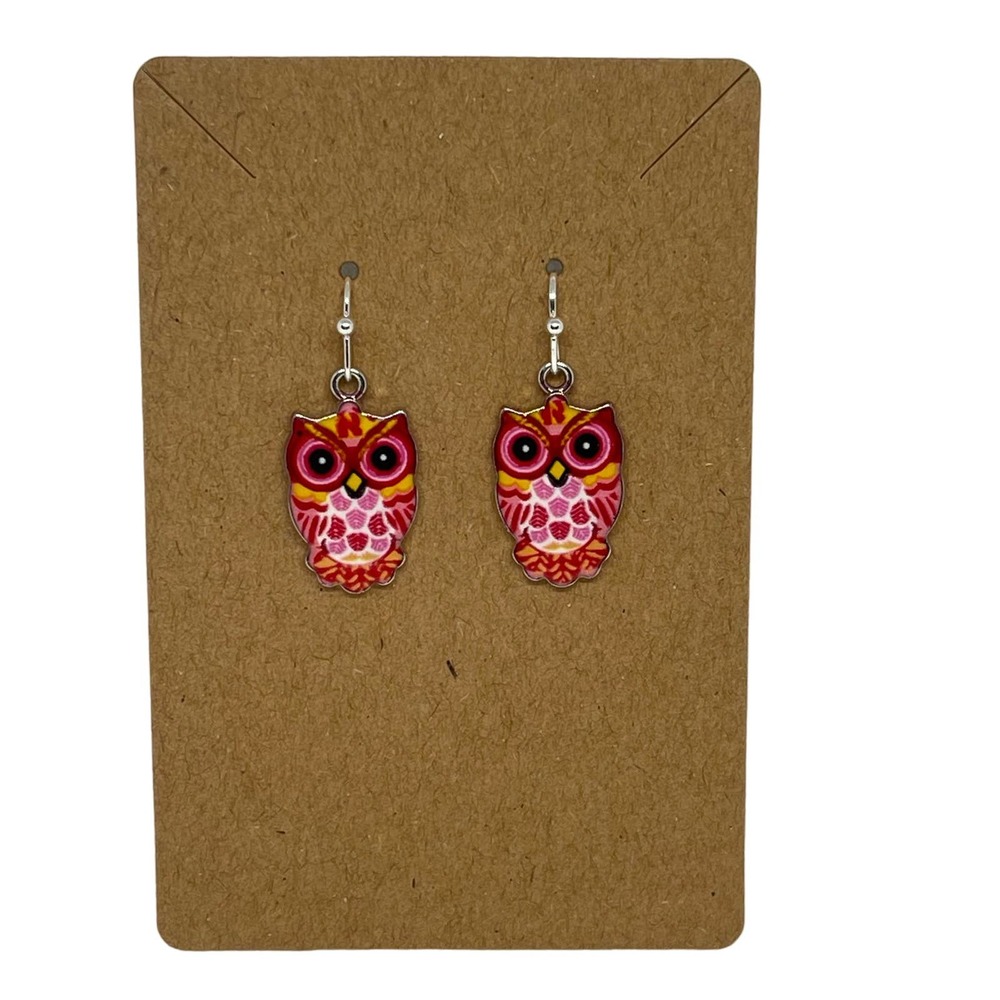 Owl Earrings Red and Pink Dangle Resin - Hypoallergenic